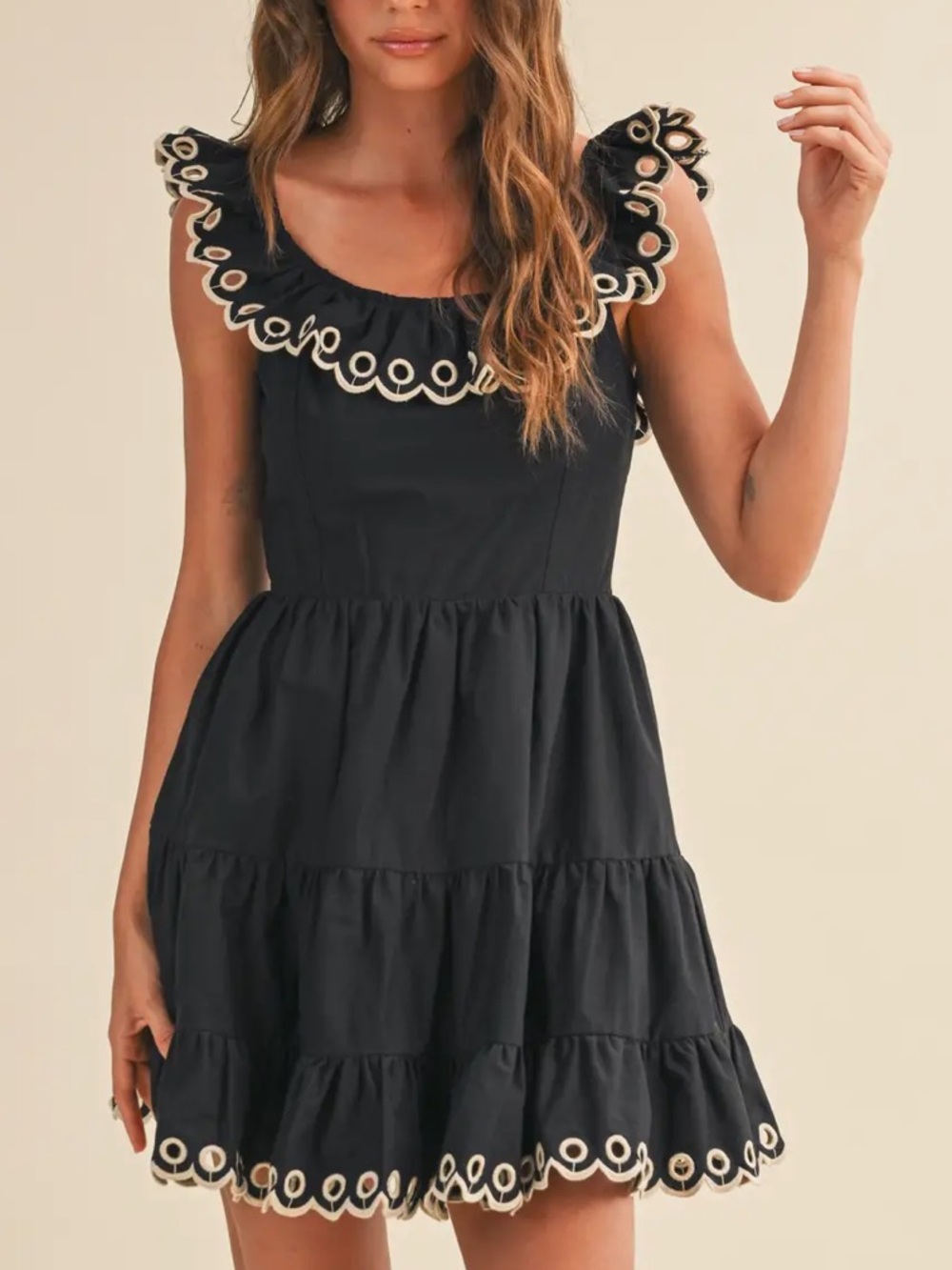 Black Ruffle Tiered Mini Dress with Contrast Scallop Trim